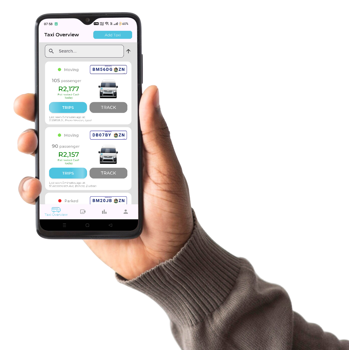 Hand holding a phone showing the RUTCO app